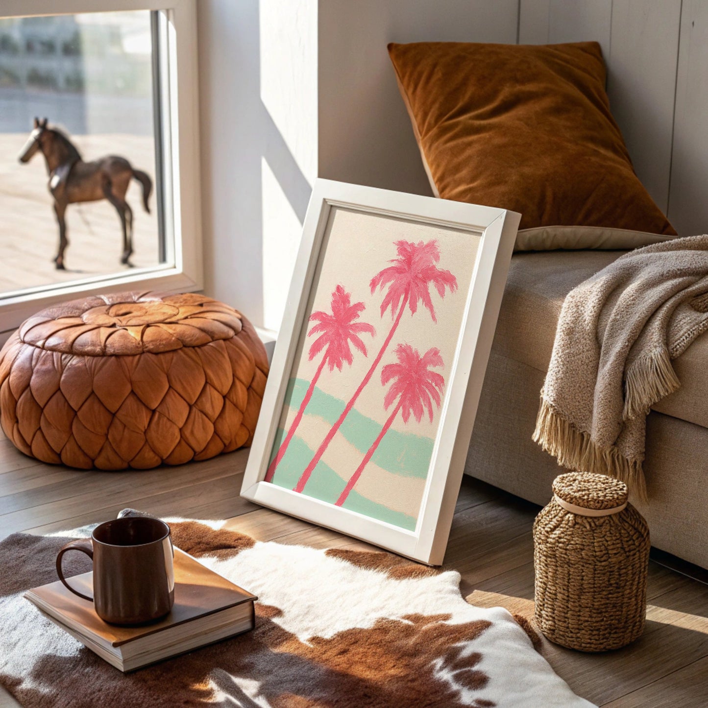 Pink Palms Over Mint Waves