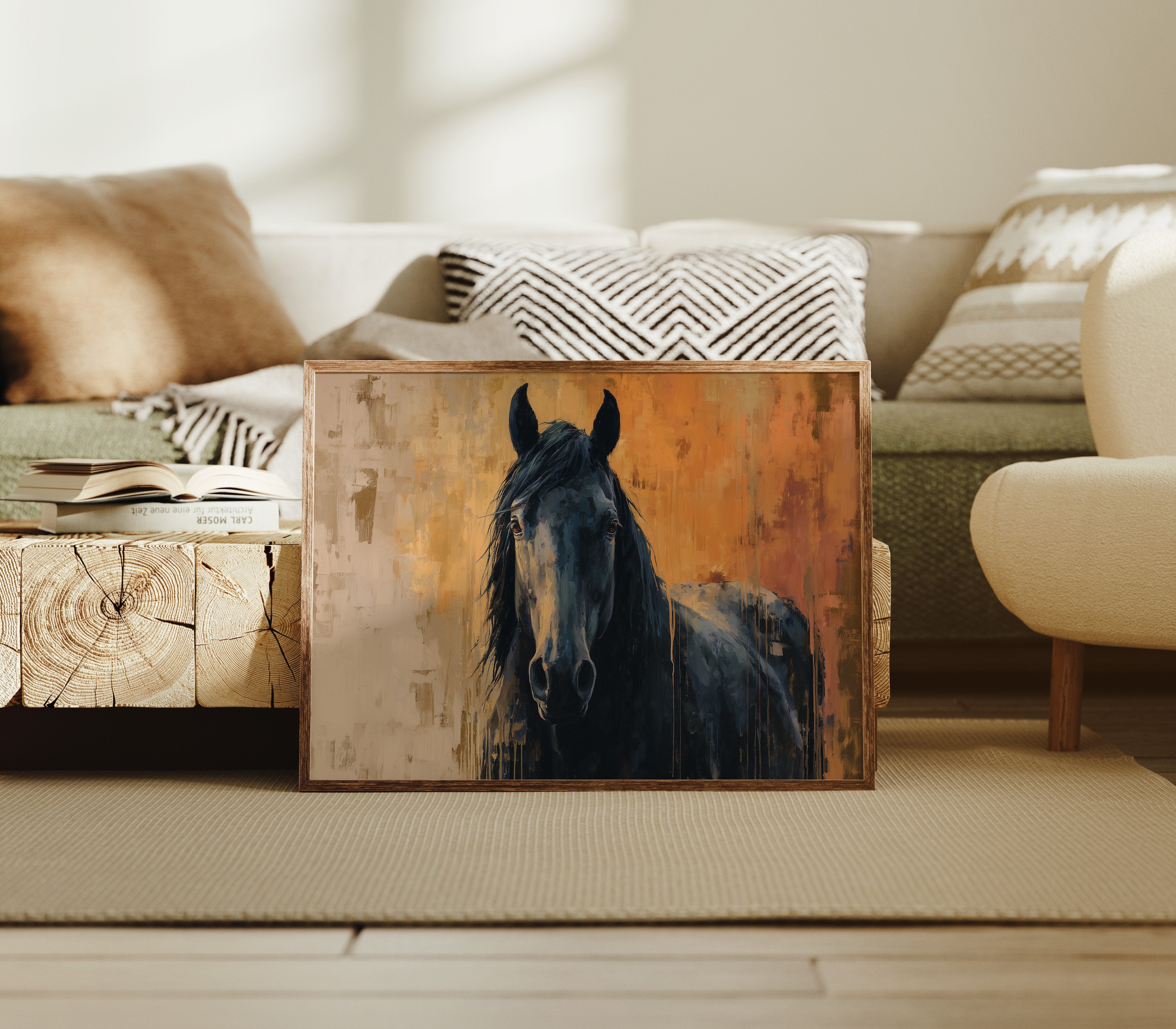 Midnight Stallion Against Amber Sky