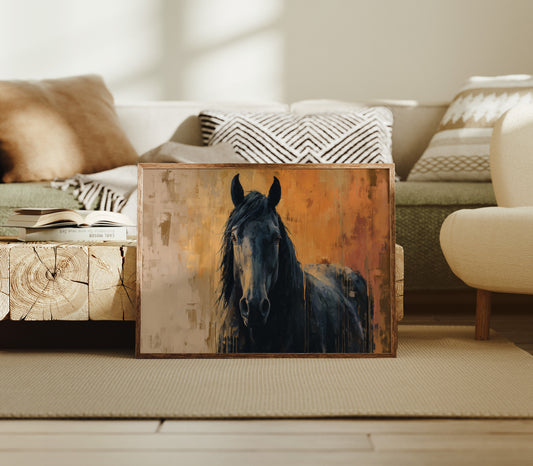 Midnight Stallion Against Amber Sky