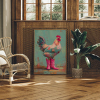 Rooster Struts In Pink Boots