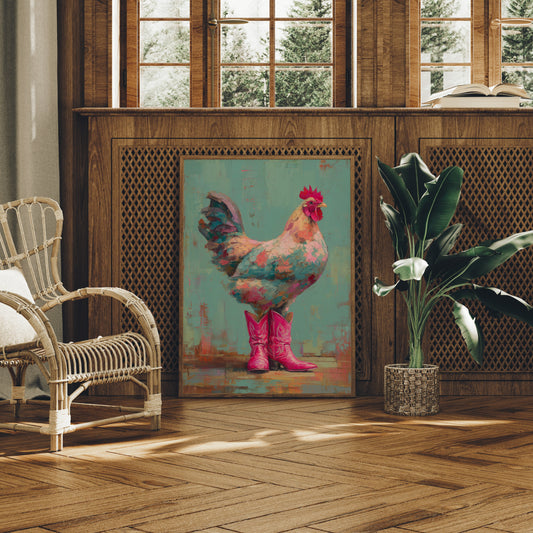 Rooster Struts In Pink Boots