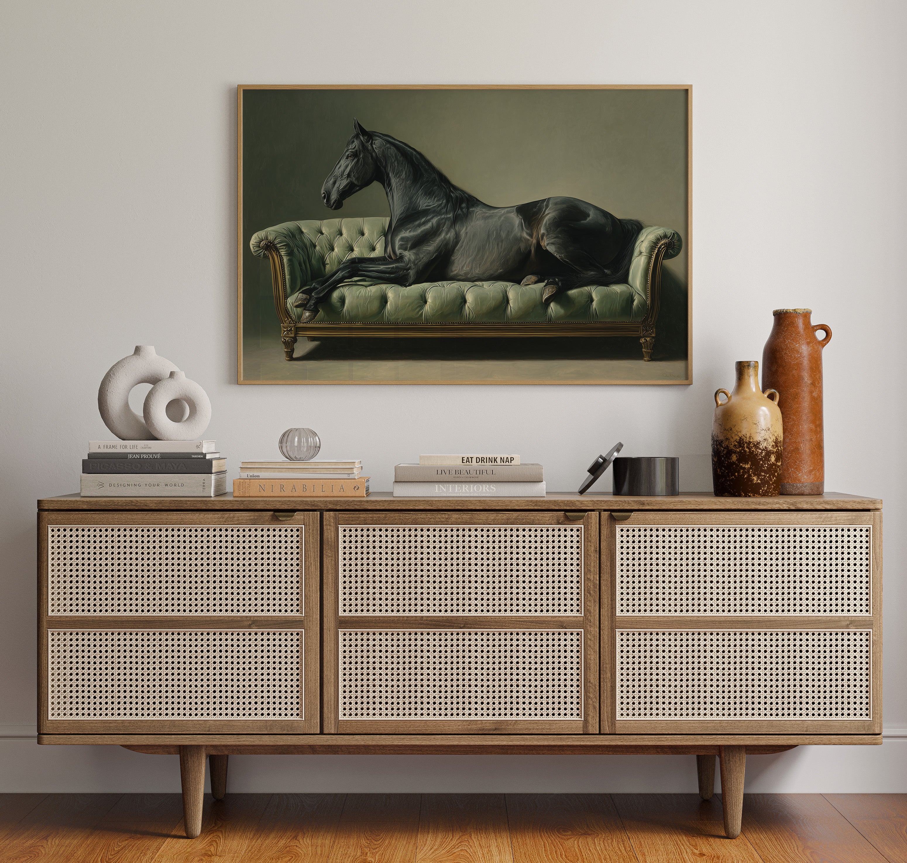 Aristocratic Repose: Ebony Stallion on a Mint Couch