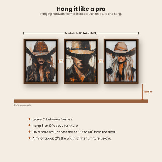 Under the Brim, Western Cowgirl and Cowboy Wall Art Set of 3, Framed Canvas Triptych