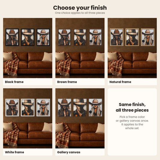 Under the Brim, Western Cowgirl and Cowboy Wall Art Set of 3, Framed Canvas Triptych