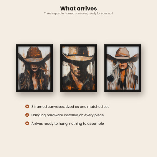 Under the Brim, Western Cowgirl and Cowboy Wall Art Set of 3, Framed Canvas Triptych