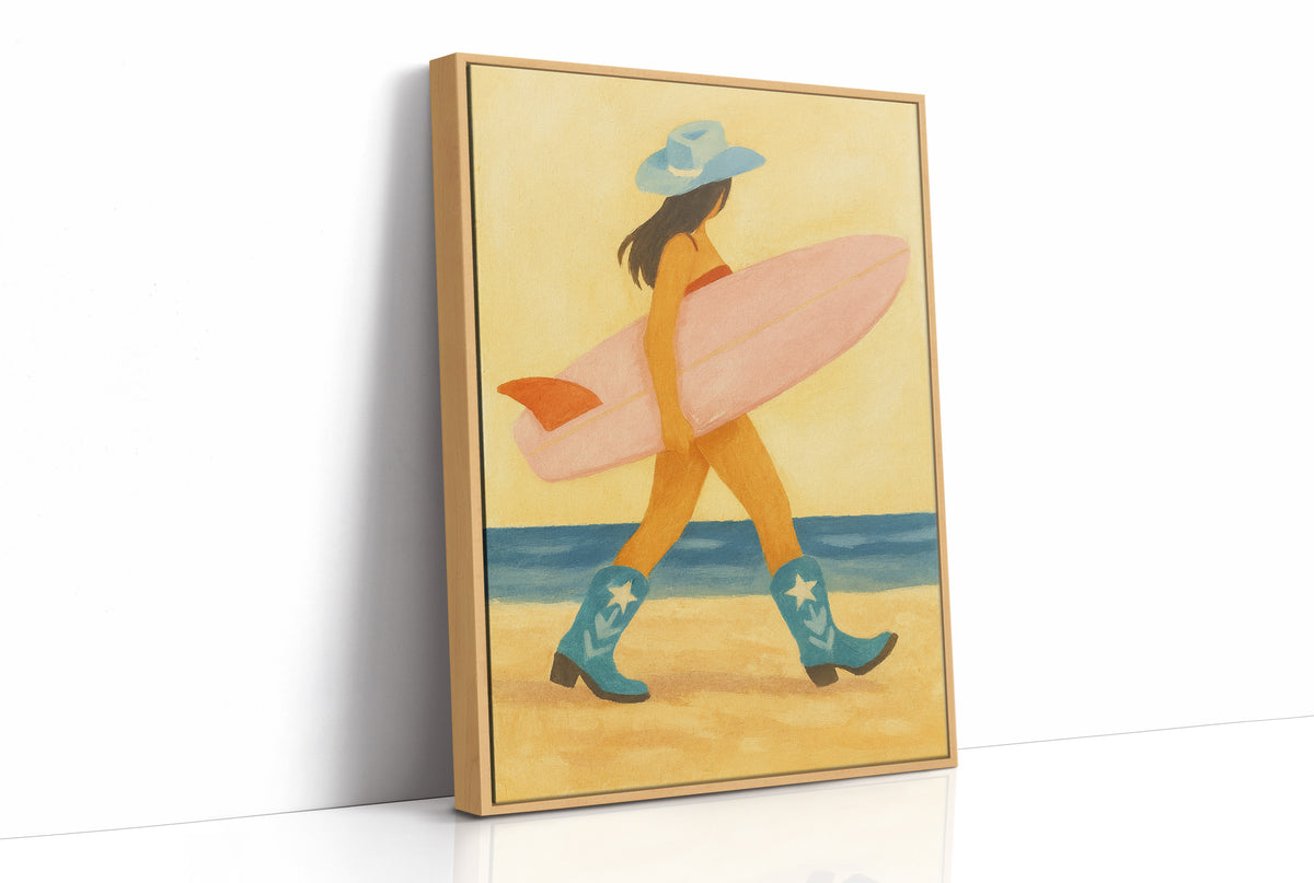 Cowgirl Surfer Walks The Shore