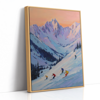 Skiers Chase Alpine Sunset Colors