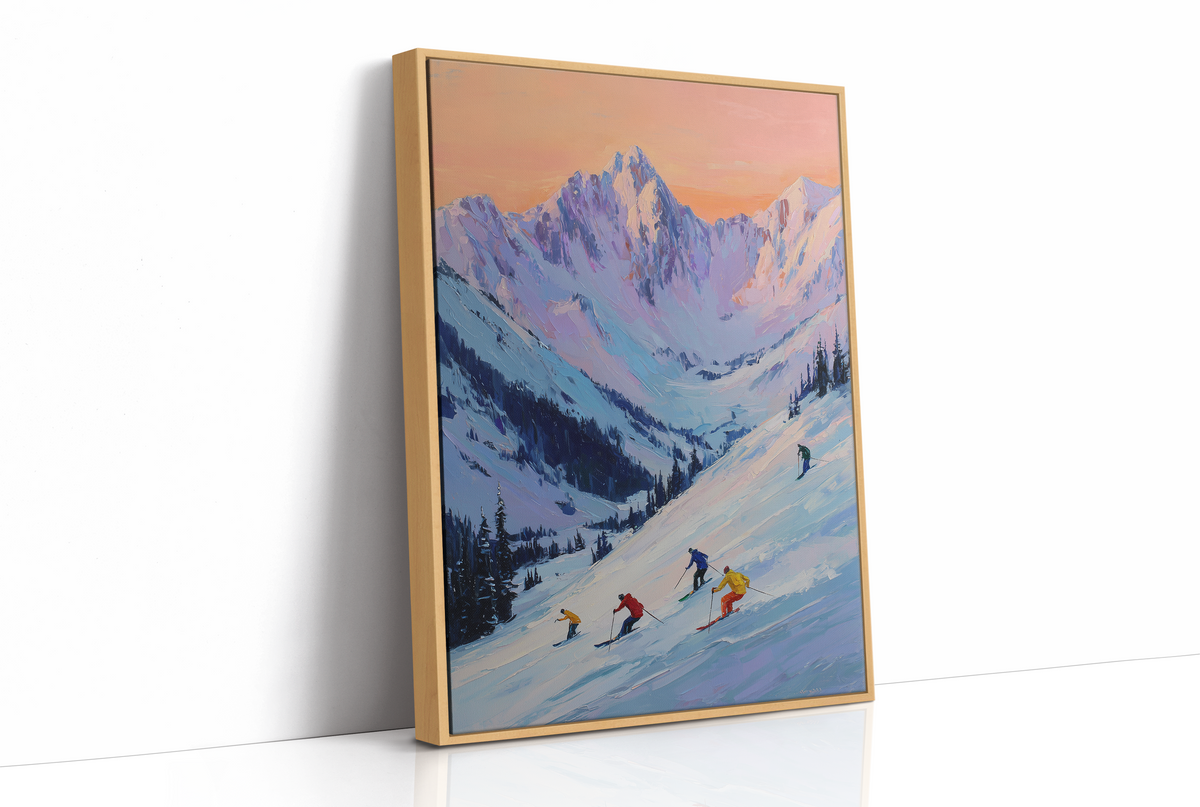 Skiers Chase Alpine Sunset Colors
