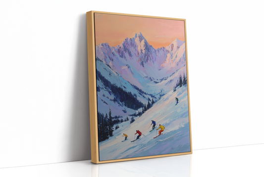 Skiers Chase Alpine Sunset Colors