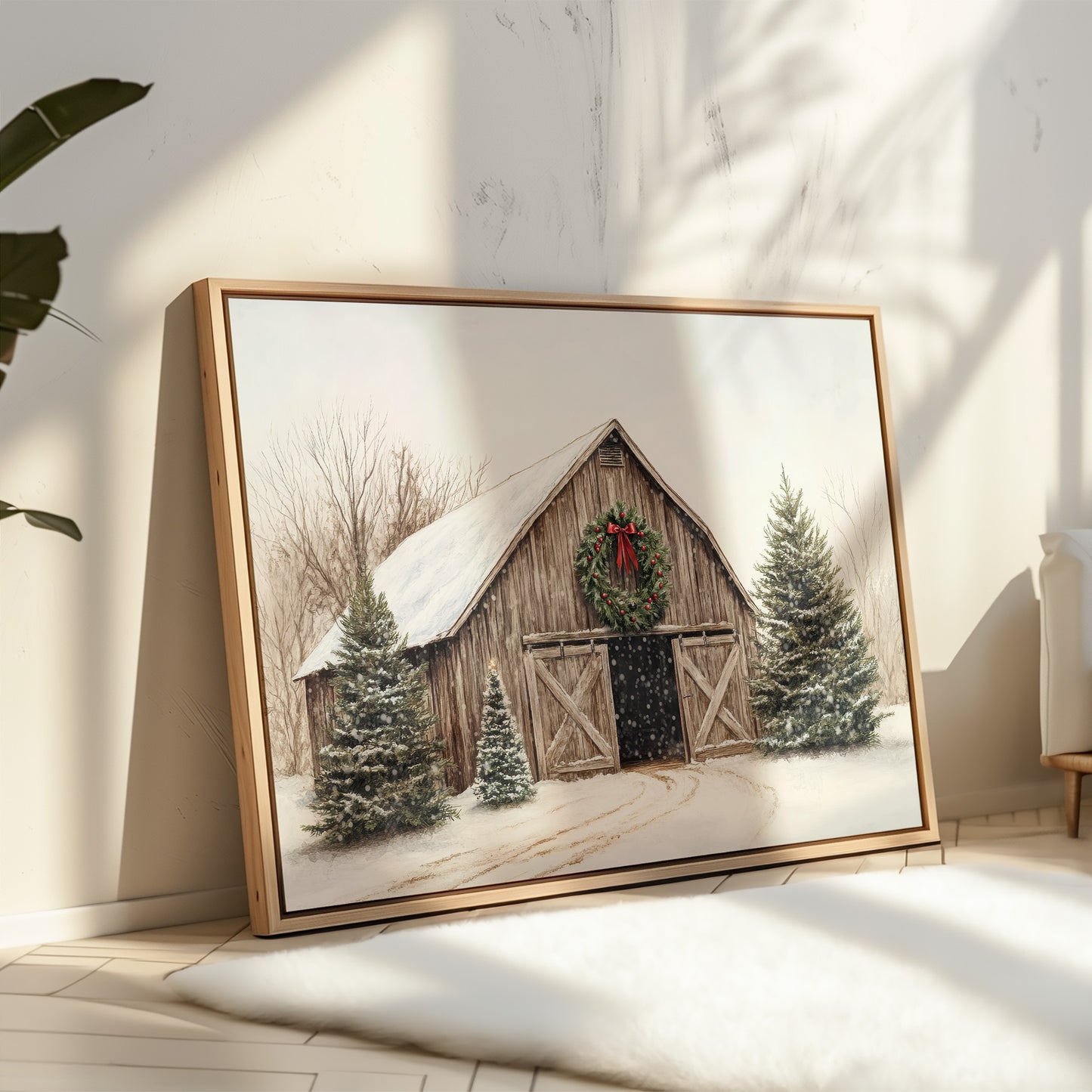 Rustic Christmas Barn – Cozy Winter Farmhouse Wall Art Print