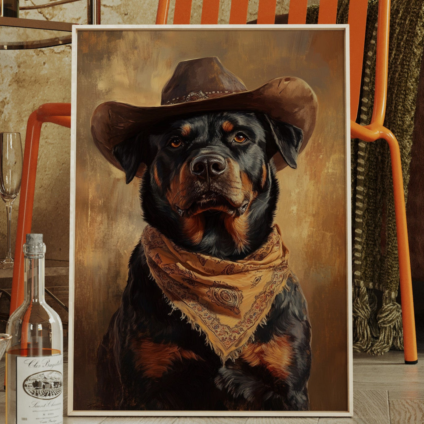 Western Cowboy Rottweiler Print – Rustic Wild West Dog Art