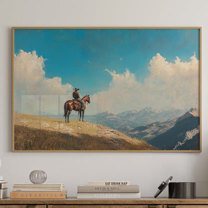 Lone Cowboy on Horseback – Western Mountain Landscape Wall Art Print