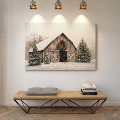 Rustic Christmas Barn – Cozy Winter Farmhouse Wall Art Print