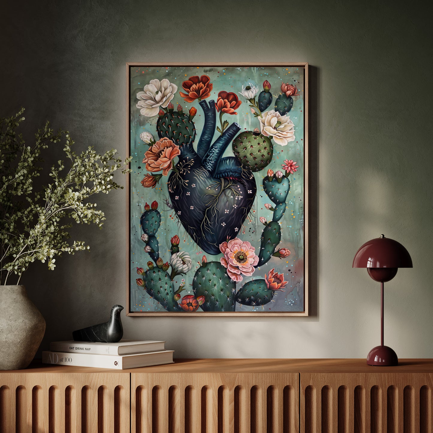 Cactus Heart Bloom – Surreal Botanical Art, Dark Floral Wall Decor