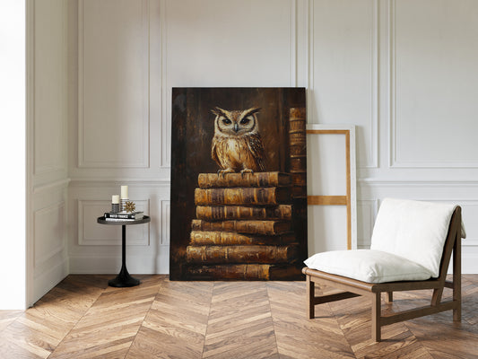 Wise Owl on Antique Books – Dark Academia Wall Art, Vintage Library Print, Scholar’s Study Decor
