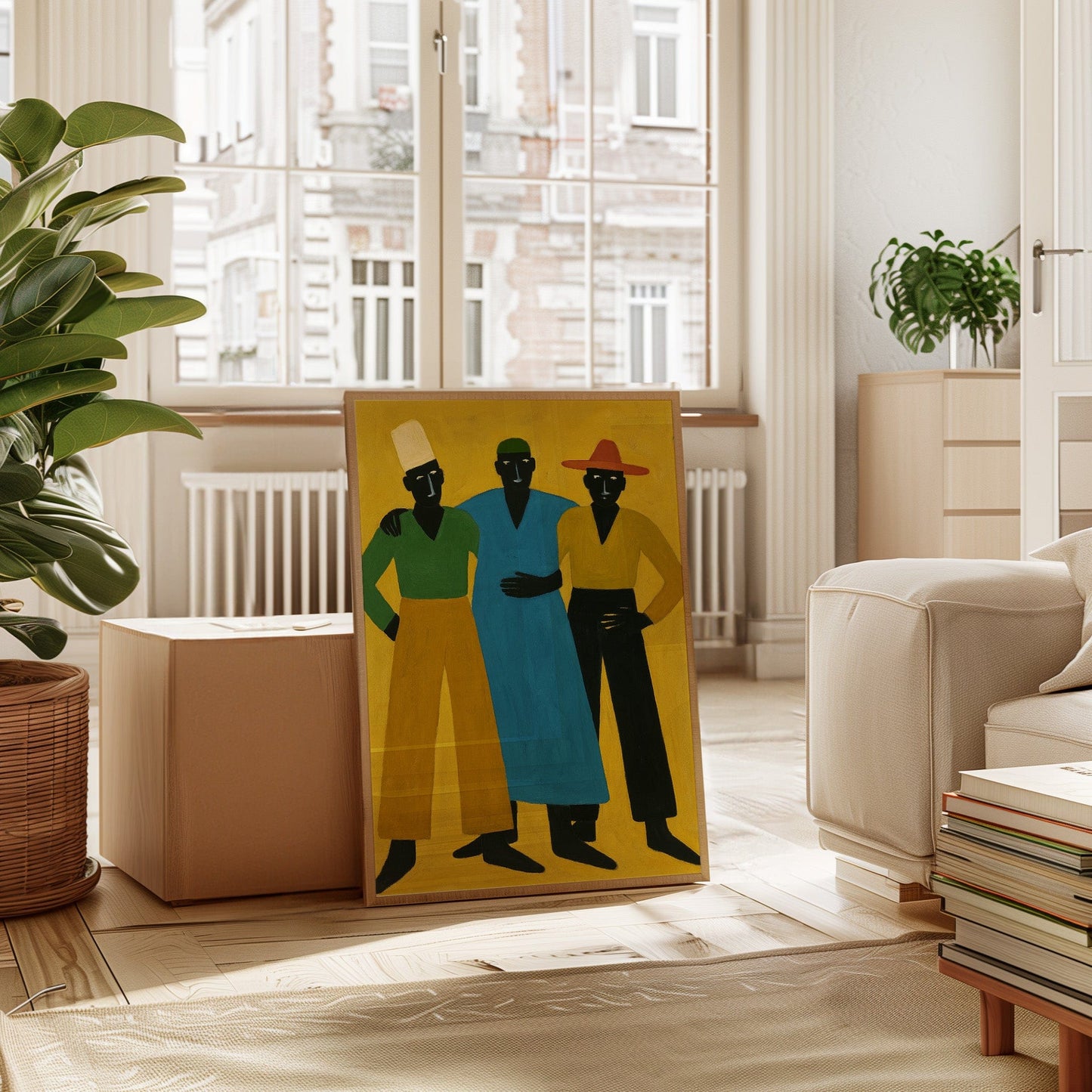 Three Figures Stand In Golden Light