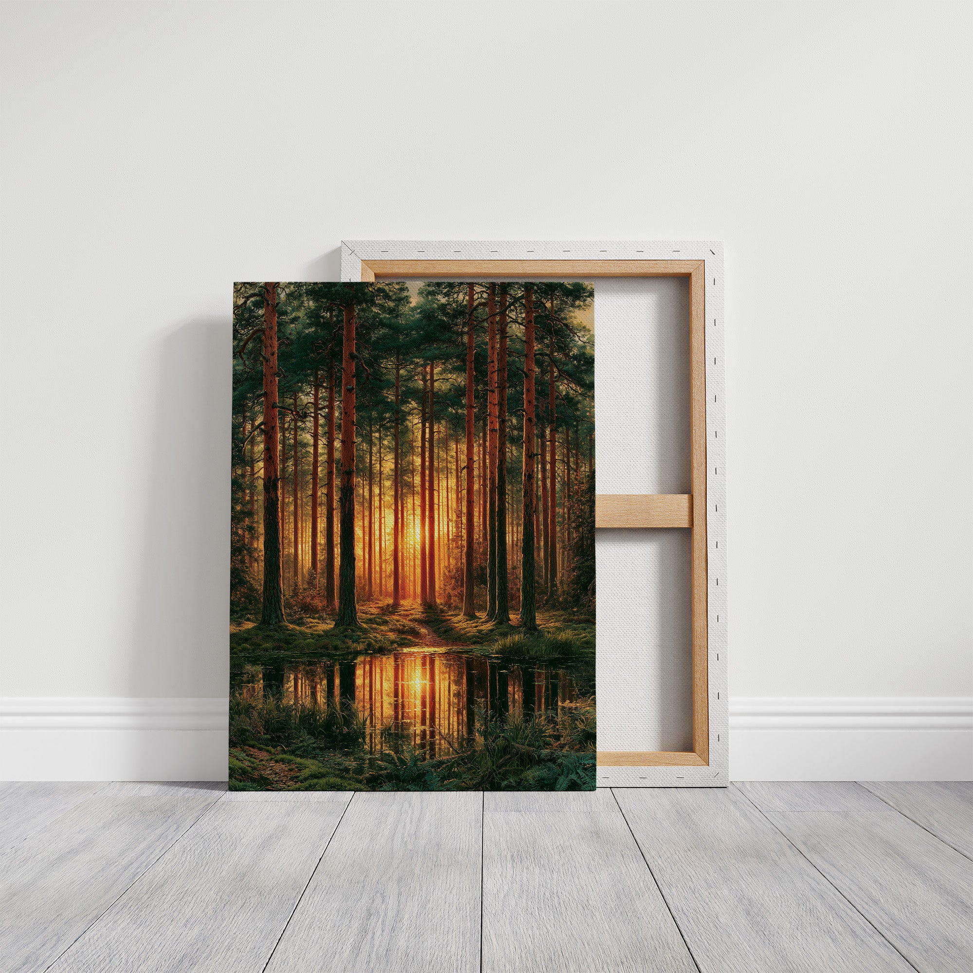 The Sunlit Path: Pine Forest Reflection at Dusk