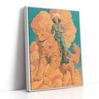 Cowgirl on a Giant Cat — Retro Surrealist Western Print