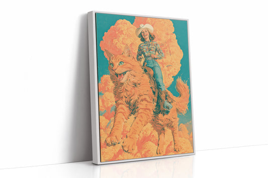 Cowgirl on a Giant Cat — Retro Surrealist Western Print