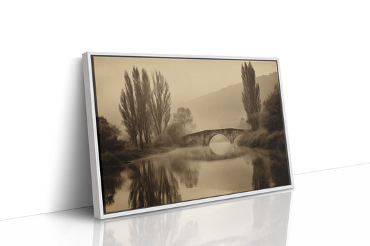 Foggy Bridge Among Tall Poplars