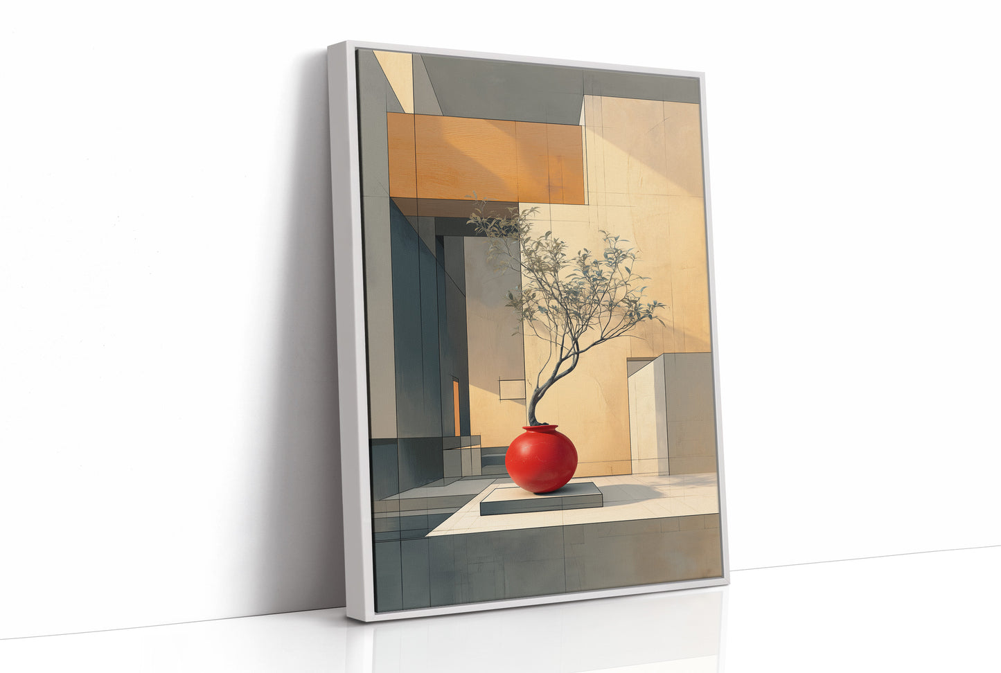 Red Vase Holds Geometric Sunlight