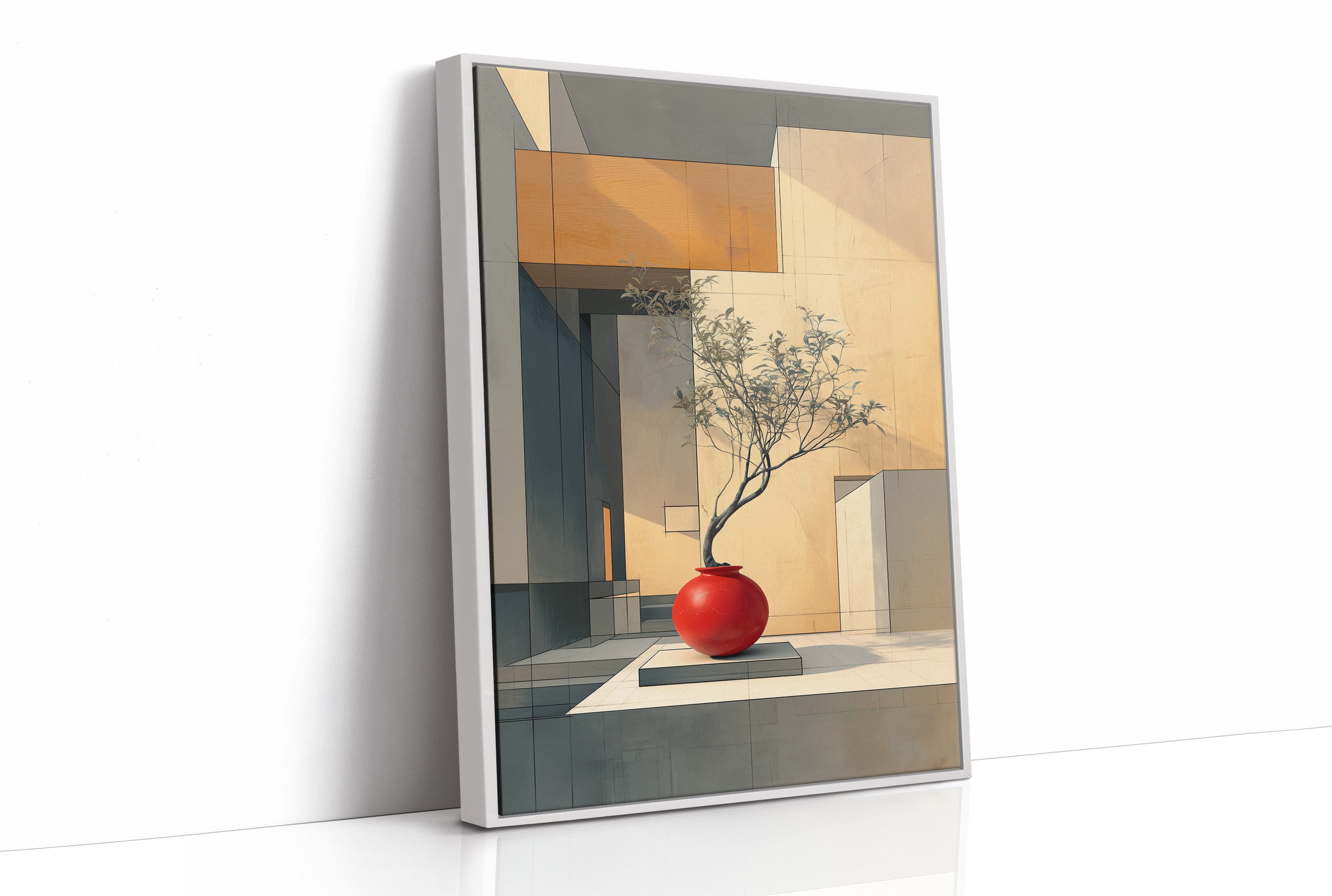 Red Vase Holds Geometric Sunlight