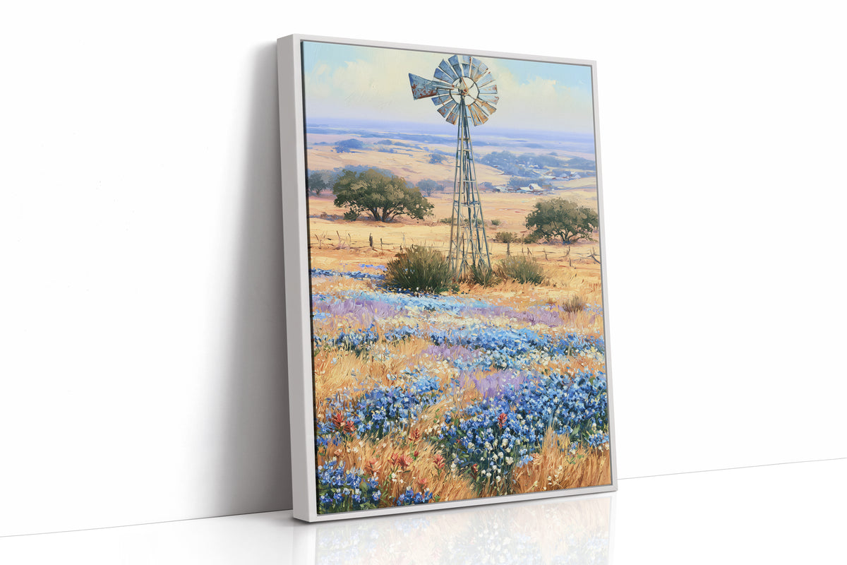 Windmill and Bluebonnets — Texas Hill Country Oil Print