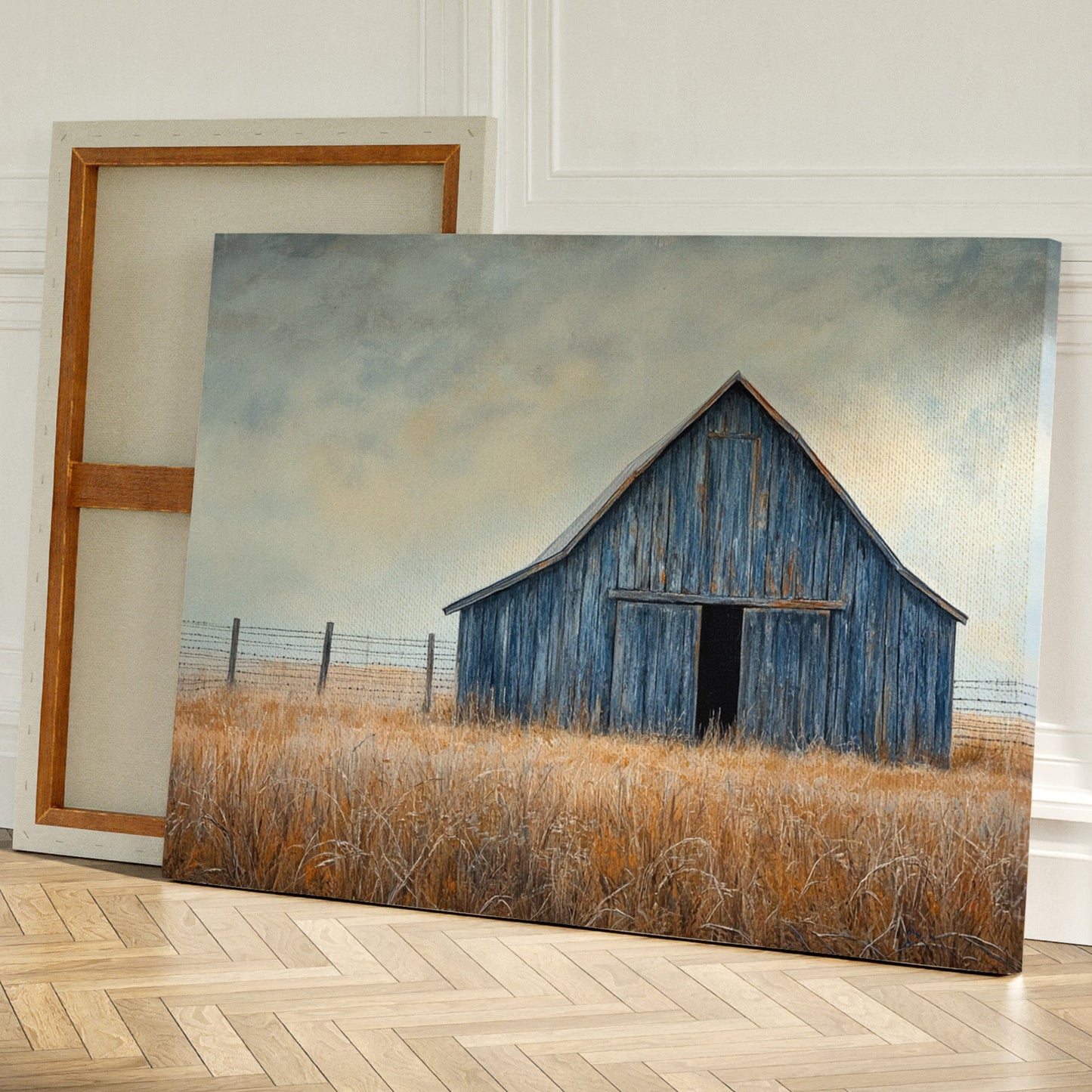 Blue Barn Stands Among Golden Fields