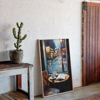 Cozy Rainy Cafe Scene – Atmospheric Coffee Shop Window Wall Art
