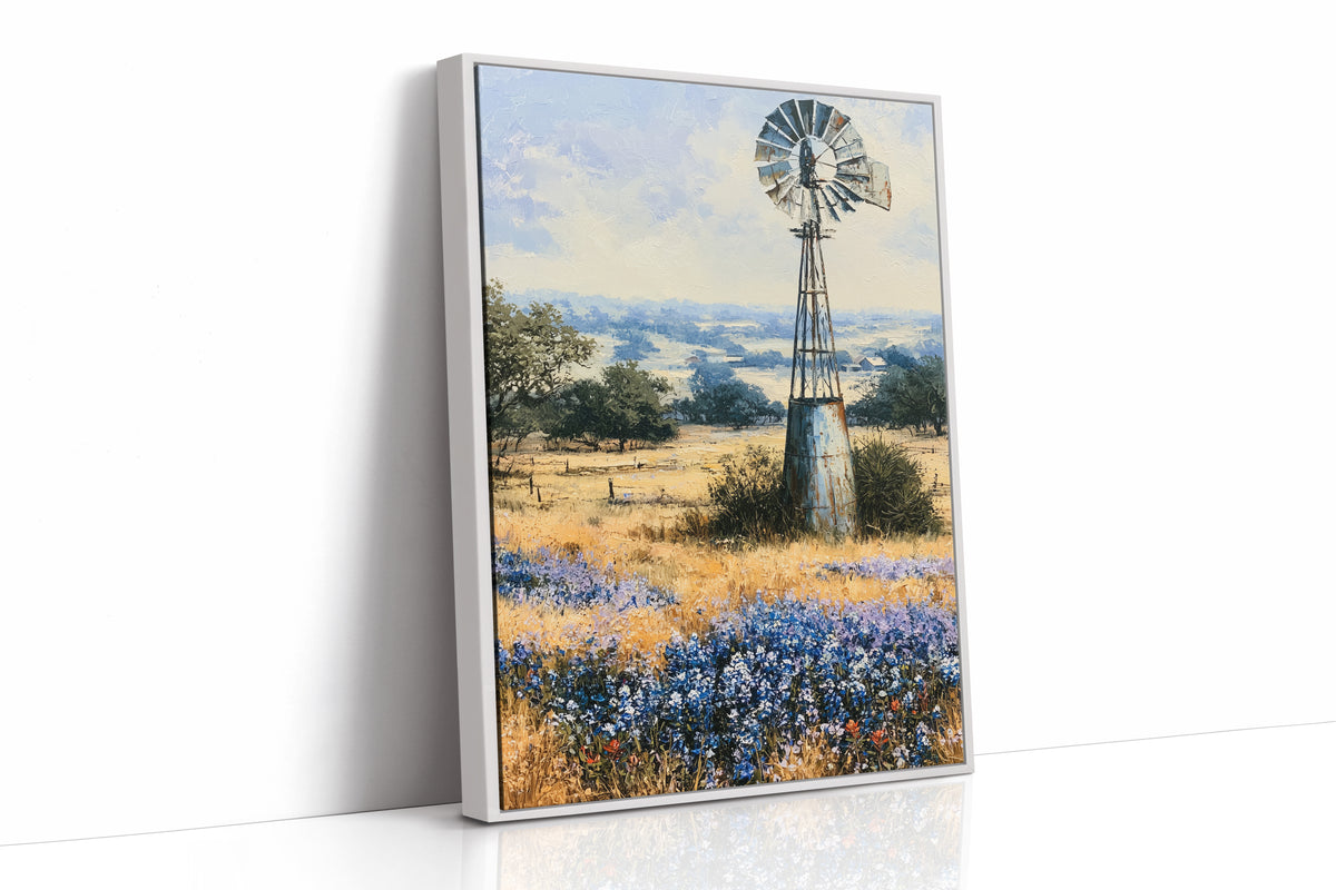 Windmill and Bluebonnets — Midday Hill Country Oil Print