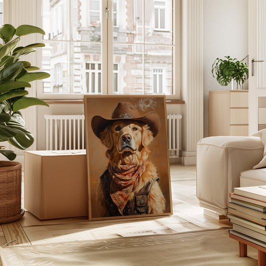 Golden Retriever Gunslinger in a Cowboy Hat