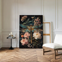 Golden Dragonfly: Dark Floral Baroque Canvas Wall Art