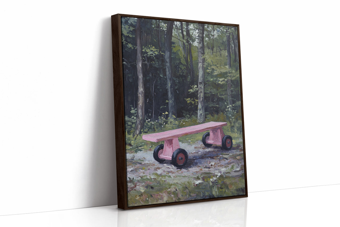 Pink Bench Rests In Forest Shade