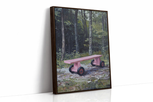 Pink Bench Rests In Forest Shade