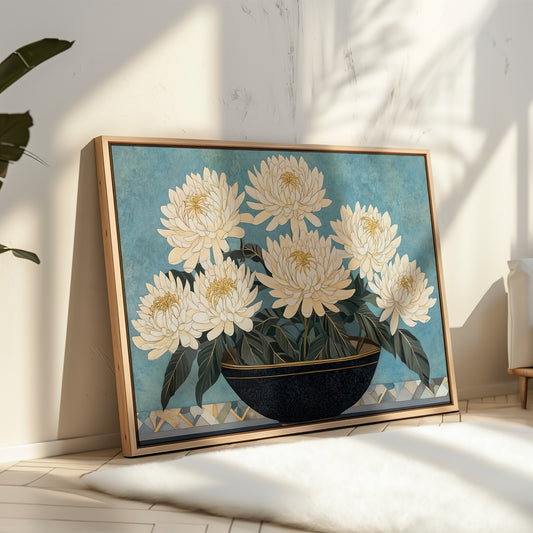 White Chrysanthemums Meet Midnight Bowl