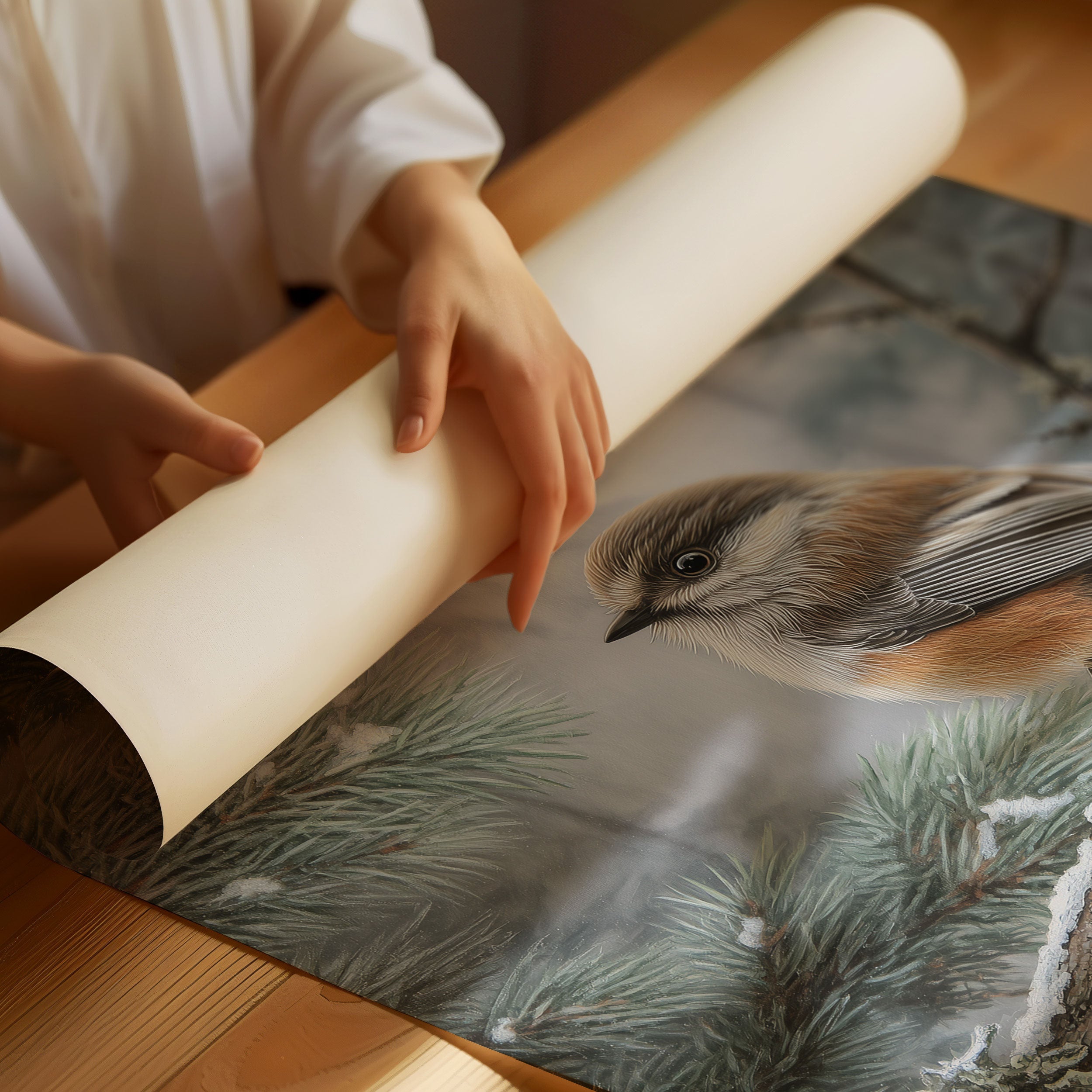 Winter Songbird Perches Among Pines