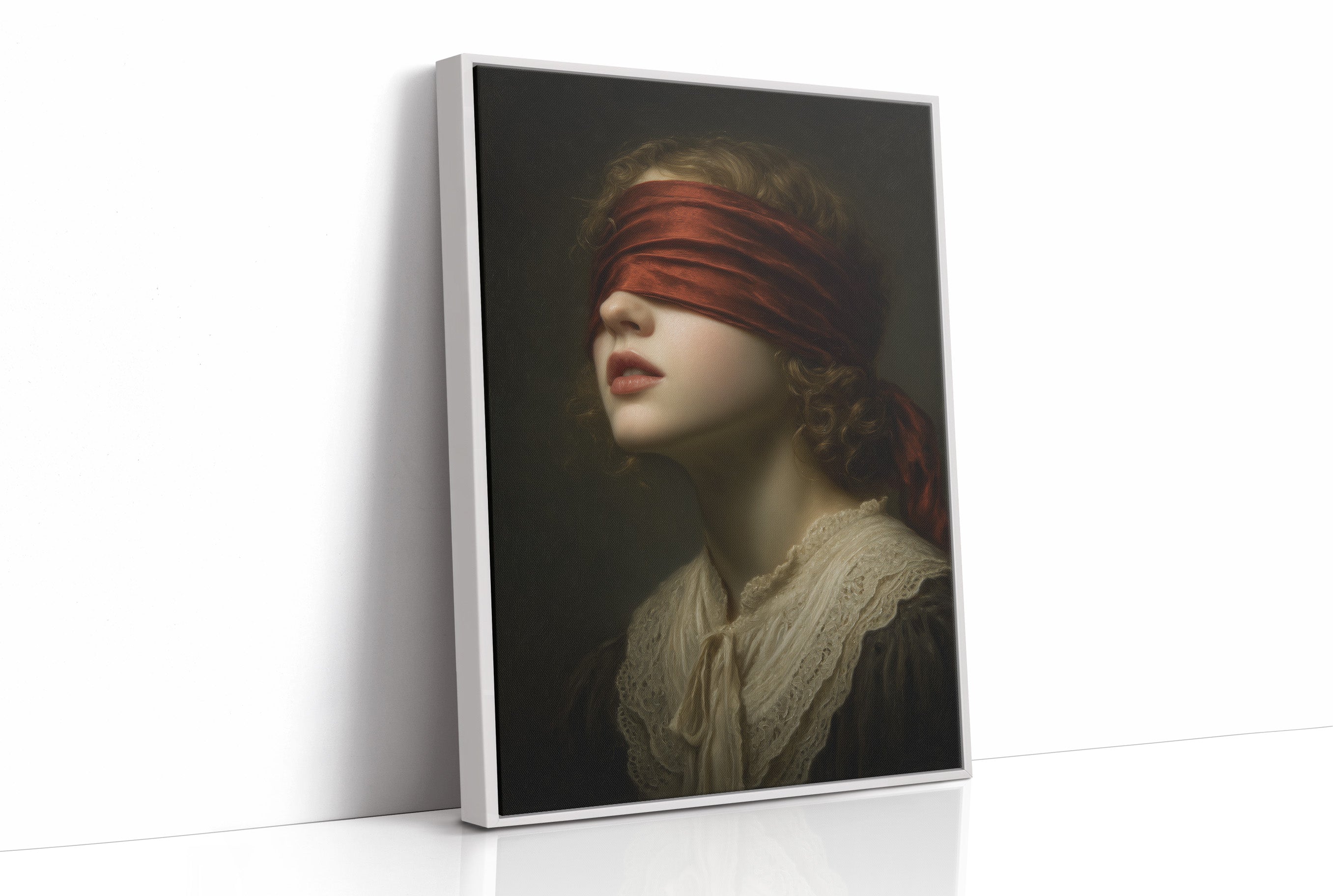 Crimson Blindfold Against Lace Collar