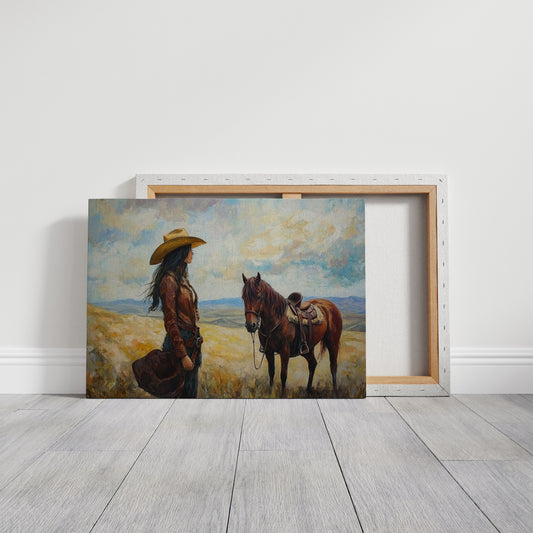 Cowgirl and Her Mustang on the Open Range