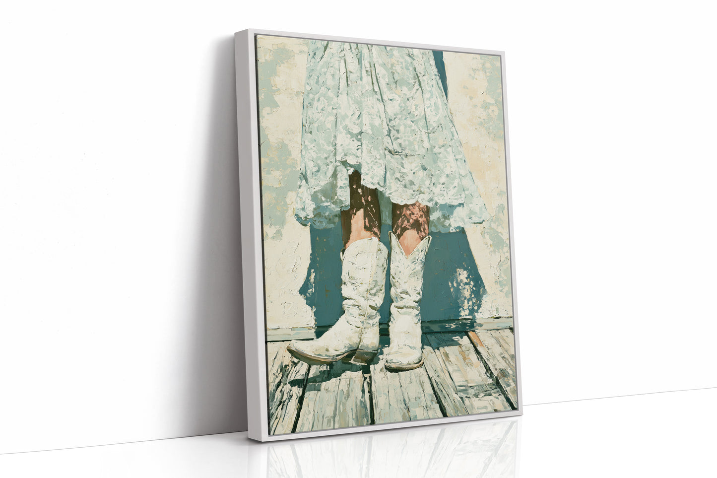 Lace Hem, White Boots, Wooden Porch