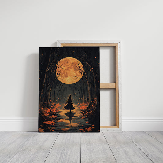 Witch Under Full Moon Art Print - Enchanting Autumn Scene - Gallery Canvas image 8