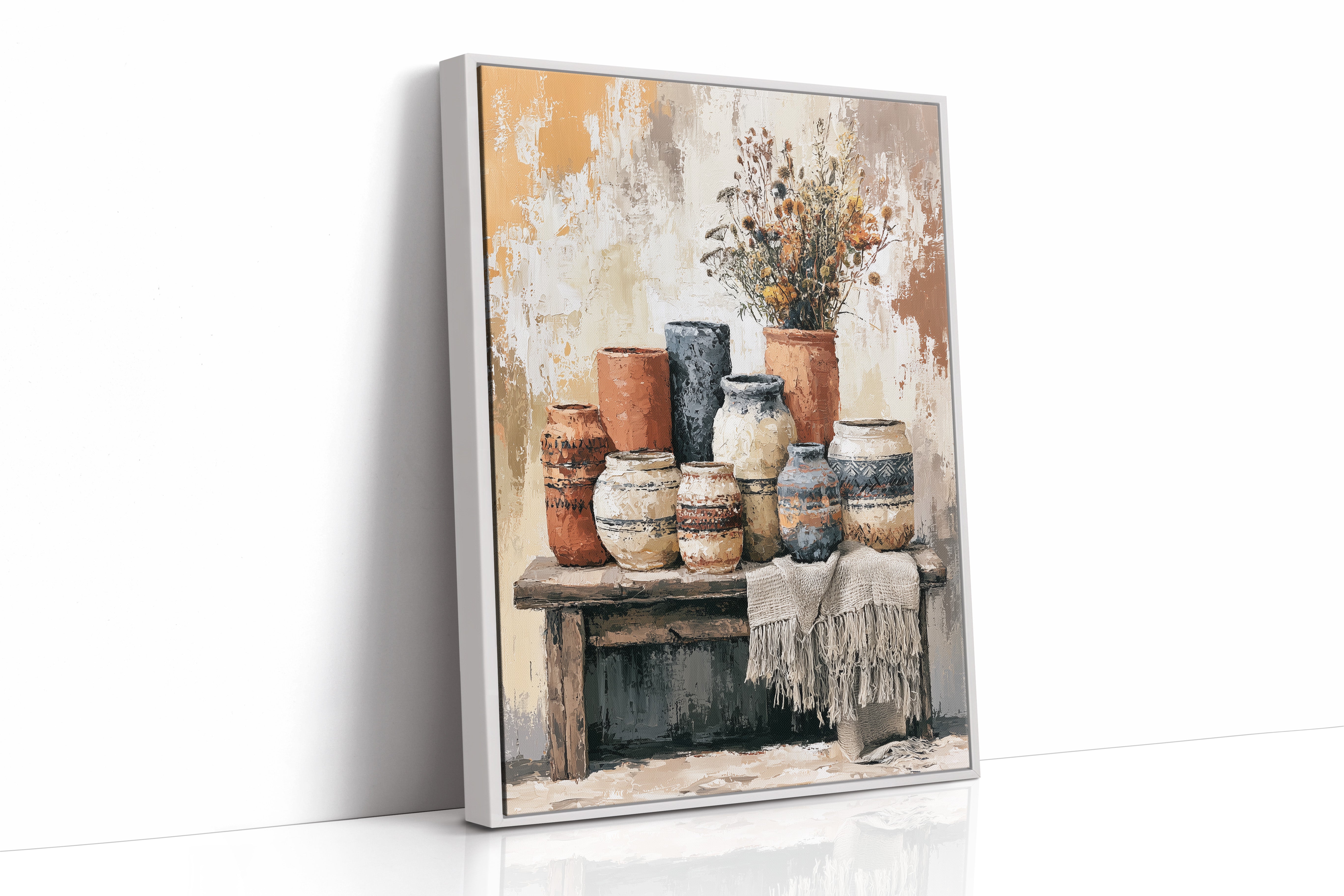 Bench of Boho Pots and Dried Blooms
