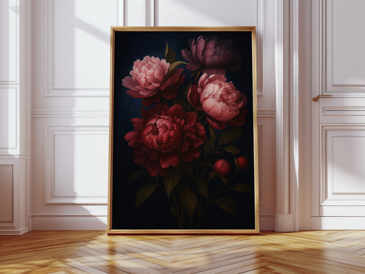 Crimson Peonies in Midnight Bloom