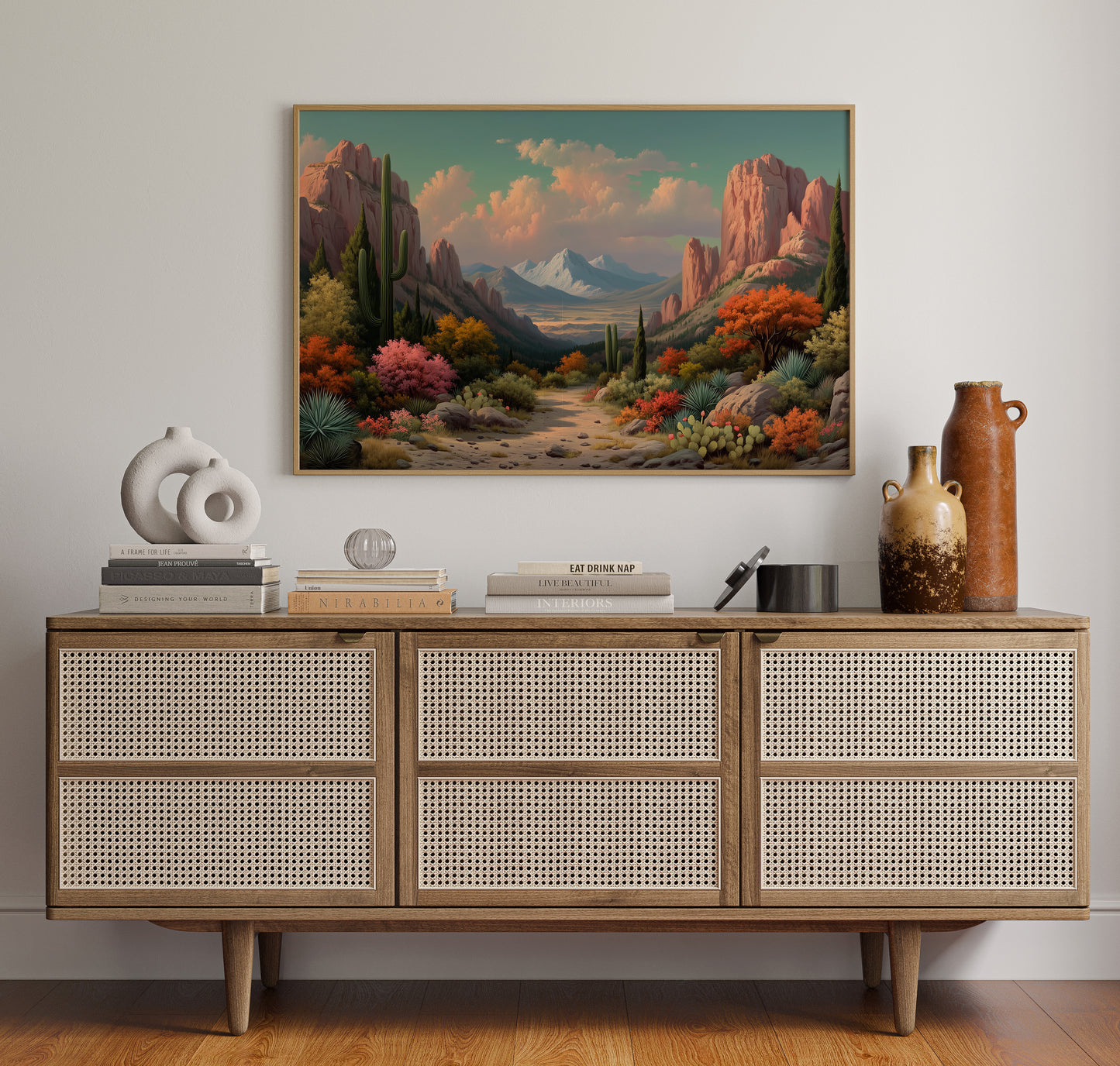 Saguaros Dance Between Pink Cliffs