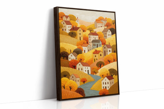 Autumn River Winds Through Village
