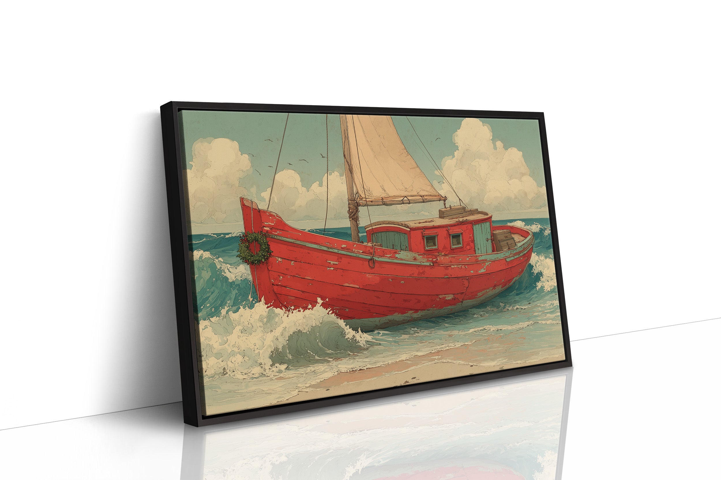 Weathered Red Boat with Wreath