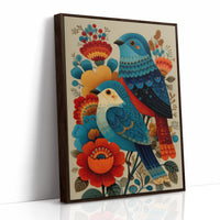Blue Bird Sings Among Coral Blooms