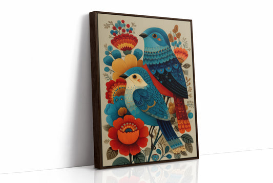 Blue Bird Sings Among Coral Blooms