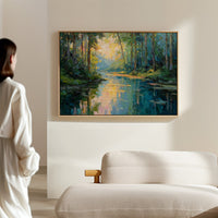 Sunlit Waters Between Tall Pines