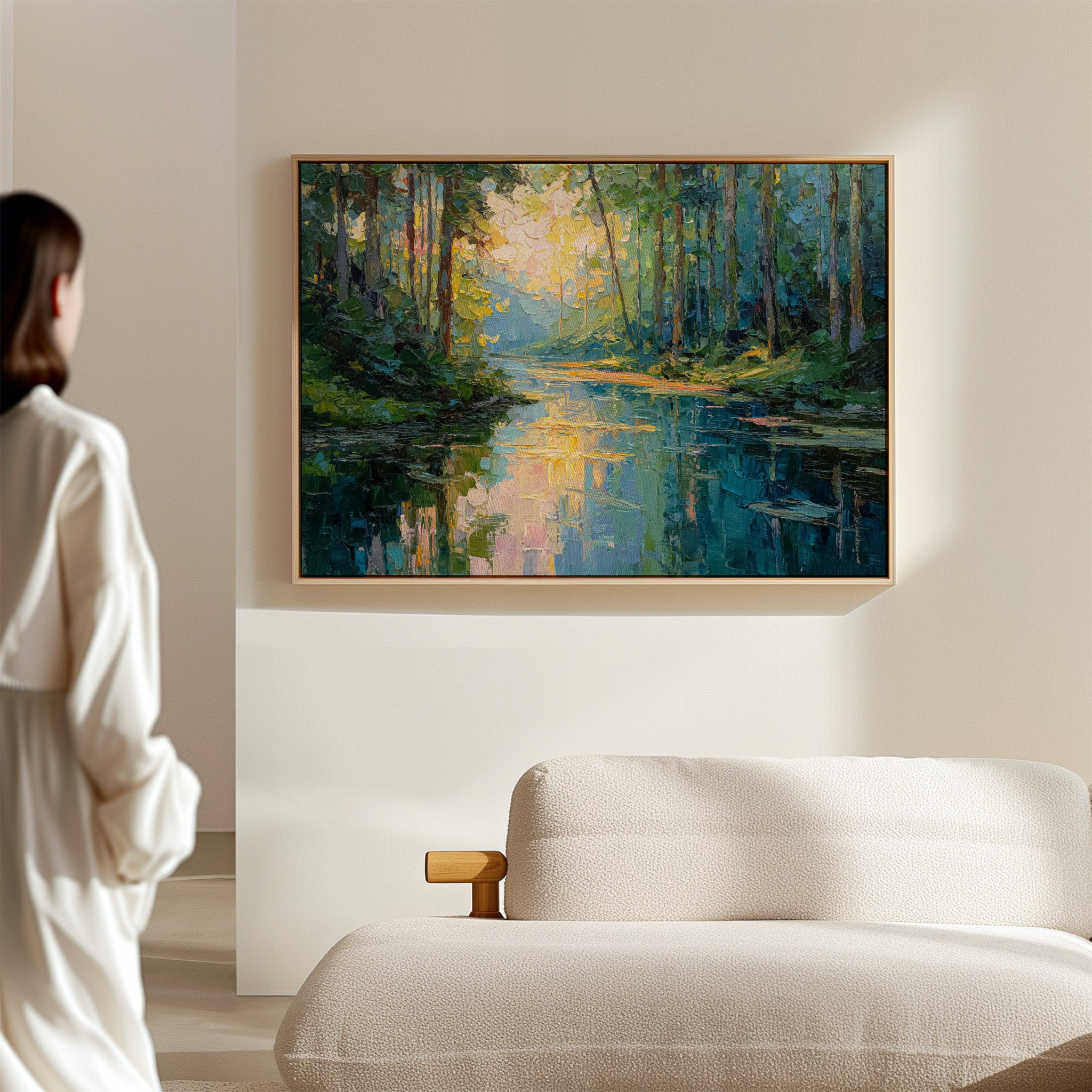 Sunlit Waters Between Tall Pines