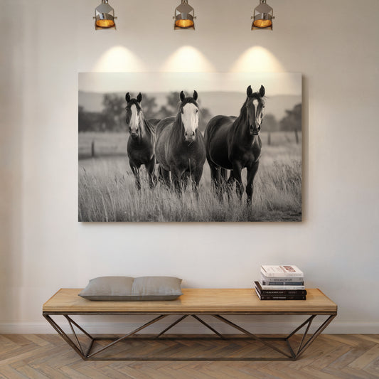 Three Mares Stand Among Prairie Grass